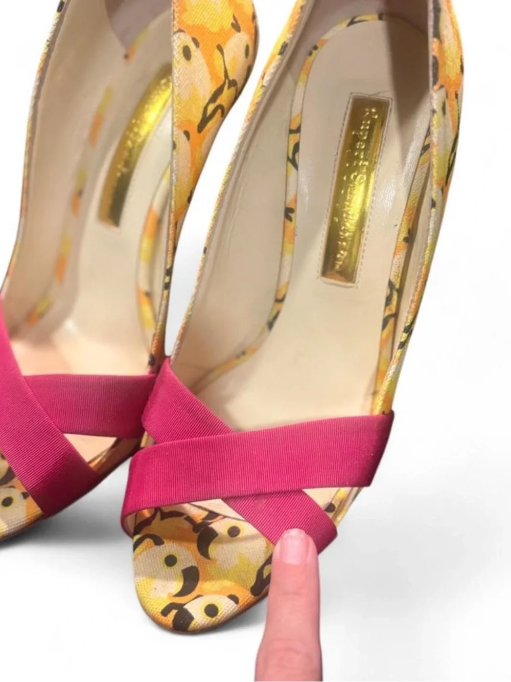 Rupert Sanderson Pink and Yellow Peep-Toe Wedge Heels Euro 39.5